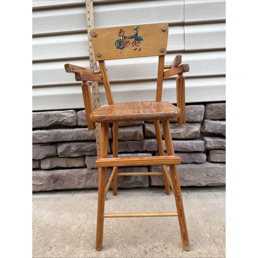 Vintage Antique Cass Toys 1950s Wood Doll High Chair Lift-Up Tray Dutch Boy/Girl
